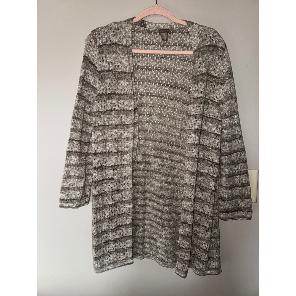 Chicos Grey White Striped Pointelle Open Front Cardigan Sweater Size 2 L Large